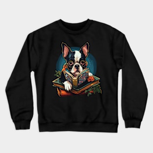 Boston Terrier Reads Book Crewneck Sweatshirt